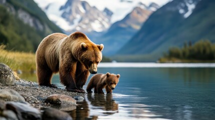 A brown bear and her cub are seen at the edge of a serene mountain lake, capturing a tender wildlife moment in a breathtaking natural setting with snow-capped peaks.