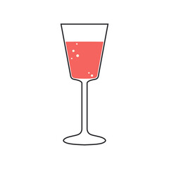 A glass of pink sparkling wine is drawn with a black outline isolated on a white background. 