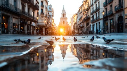 Fototapeta premium Pigeons wander on wet city streets, reflecting the dawn light while a historic structure stands prominent, capturing a serene moment in an urban morning.