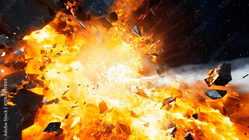 Poster abstract explosion in space with rocks and stones burst in flame, sci-fi and technology background