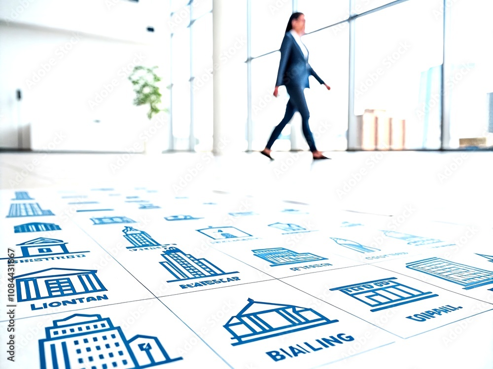Poster comprehensive collection of building outline symbols illustrating architectural concepts in a blue l