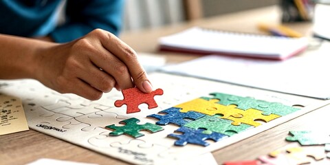 Completing the Puzzle: A Tilt-Shift Illustration Depicting the Moment of Decision in the Creative Process with a Focus on the Final Piece of the Conceptual Framework