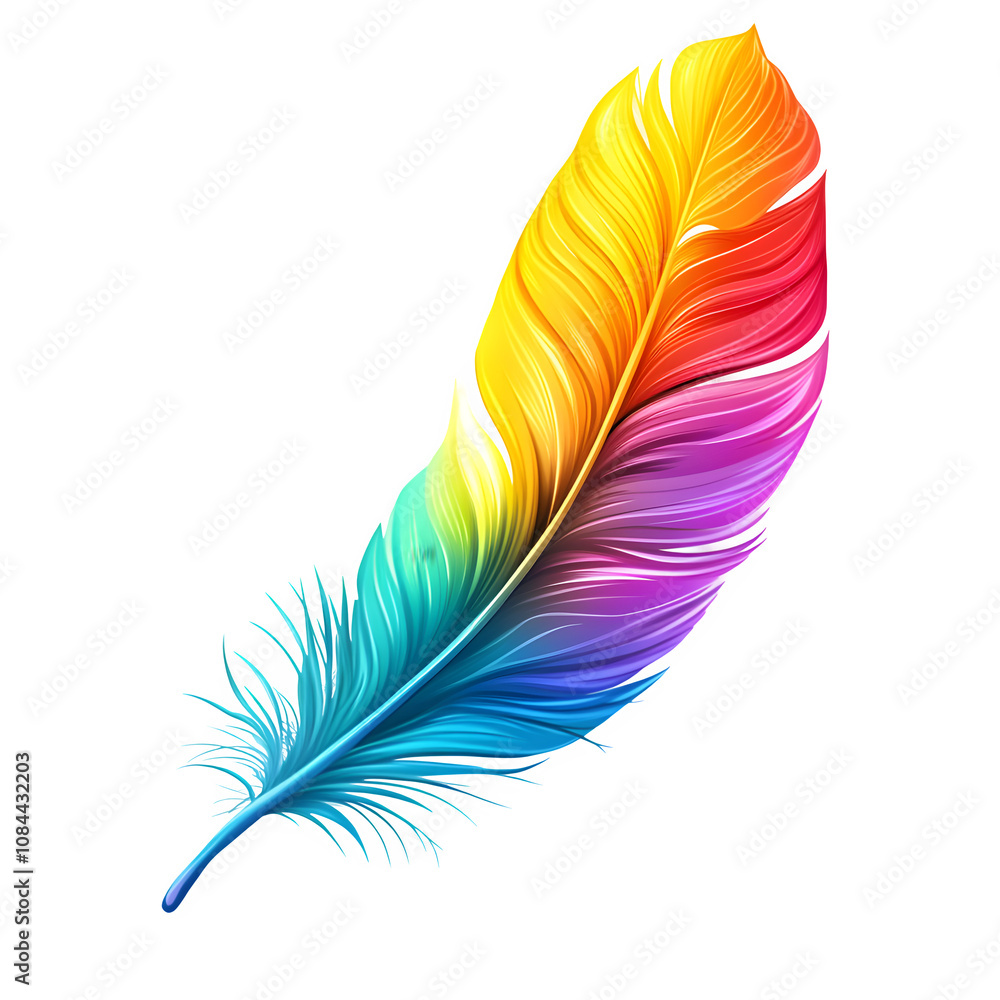Poster brightly colored feather with rainbow colors isolated on transparent background, ideal for creative 