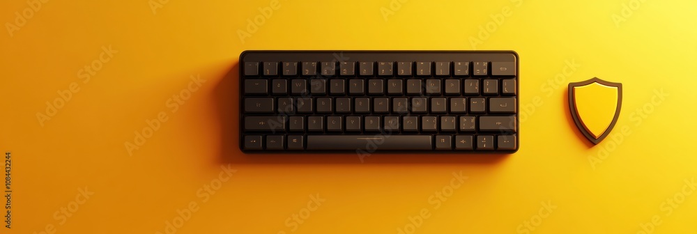 Aufkleber a black keyboard sits alongside a shield icon, symbolizing cybersecurity, set against a bright yello