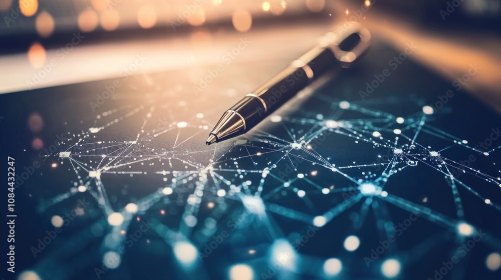 Aufkleber global network connectivity: a pen on a tablet displaying interconnected nodes