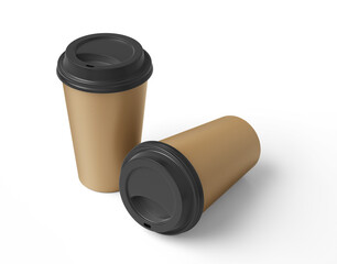 Minimalist Blank Kraft Coffee Cup for Takeaway, paper cup, Take-out coffee cup. Isolated on white background, 3d illustration, 3d rendering