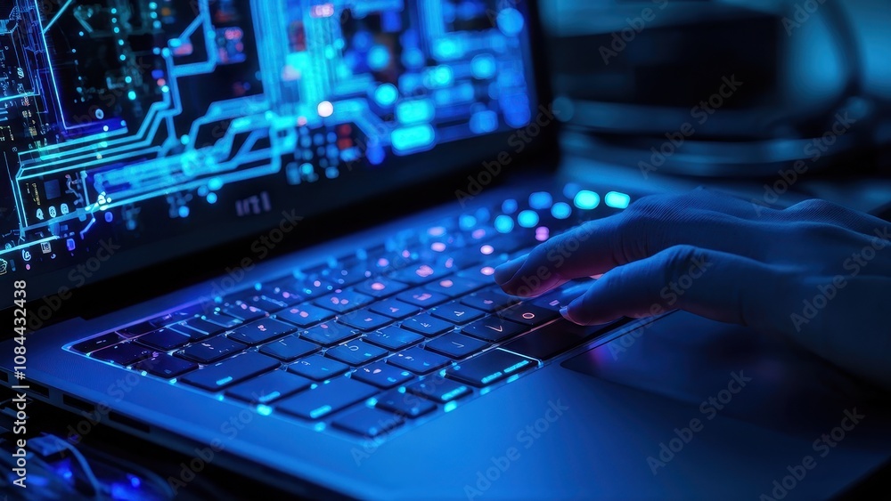 Poster a close-up of a hand typing on a laptop with a glowing circuit background.