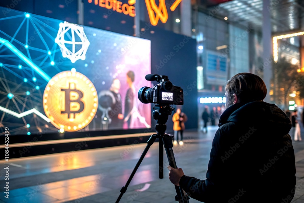 Poster Conceptual Representation of Vertical Video NFT as a Symbol of Crypto Artwork Investment in a Digital Network and Cyber Technology Setting with Abstract 3D Elements