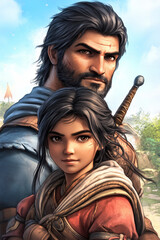 Obraz premium Father and daughter standing together in heroic pose