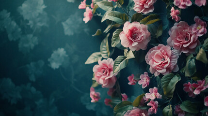 Beautiful pink roses adorn a textured blue wall in a serene indoor setting