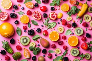 A colorful fruit salad with a pink background. The fruits include oranges, kiwis, bananas, and strawberries