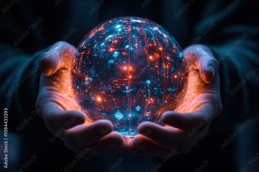 Poster hands holding digital globe with light patterns