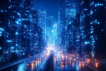 A city street with cars and buildings lit up in blue. Scene is futuristic and urban