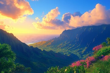 Fototapeta premium A beautiful mountain range with a blue ocean in the background. The sky is filled with clouds and the sun is setting. The mountains are covered in lush green trees and the flowers are in full bloom