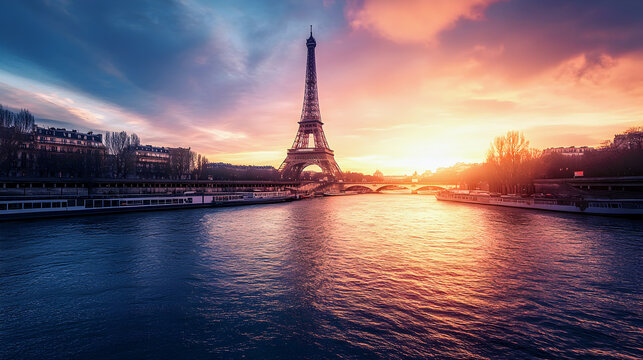 The iconic Eiffel Tower, a symbol of Paris, France, stands tall against the vibrant sunset sky, reflecting on the Seine River - Powered by Adobe