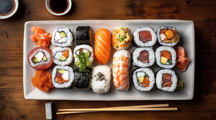 Assorted sushi platter with various types of sushi rolls, nigiri, pickled ginger, and a side of soy sauce on a wooden table.
