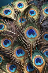 Obraz premium Close-up view of vibrant peacock feathers, showcasing intricate details, iridescent hues, & unique patterns. Fan-like arrangement creates sense of movement, with soft natural lighting enhancing beauty