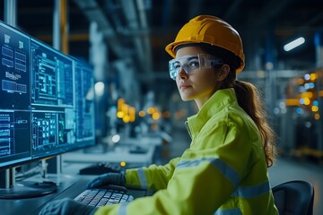 A woman in a yellow safety suit is working on a computer. She is wearing a hard hat and safety glasses