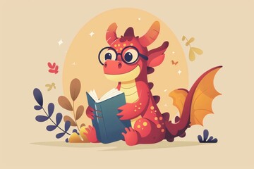 Naklejka premium Cute dragon reading a book