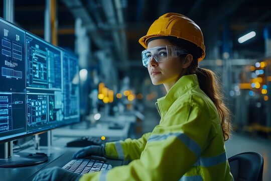 A woman in a yellow safety suit is working on a computer. She is wearing a hard hat and safety glasses