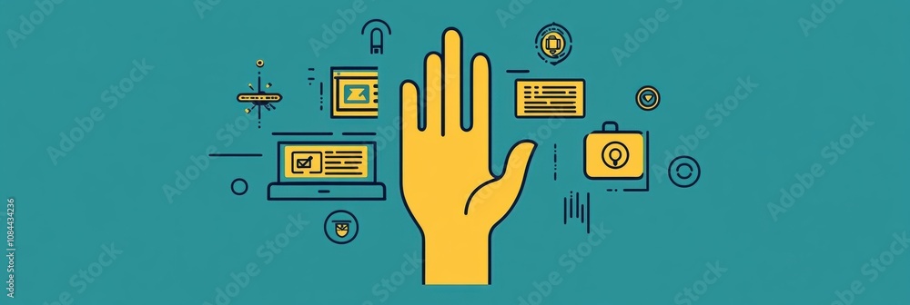 Aufkleber A hand icon stretches towards a computer screen filled with various settings and security icons in a tech workspace. Generative AI