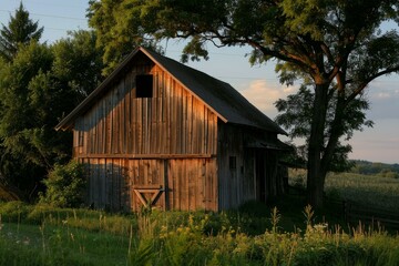 Old wooden barn is bathed in the warm light of the setting sun
