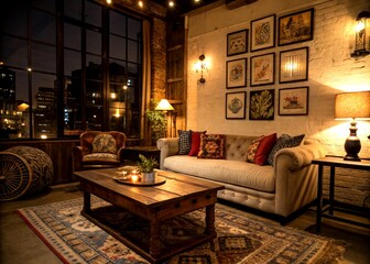 Cozy Night Photography of a Vintage Loft Living Room Featuring a Comfortable Sofa and Wooden Tea Table, Ideal for Interior Design Inspiration and Home Decor Ideas