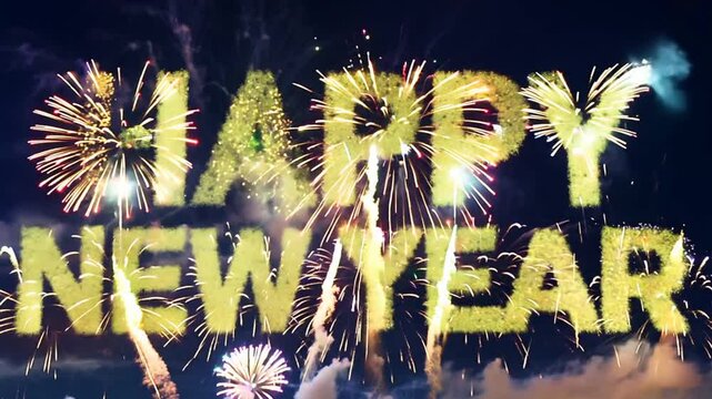 Happy New Year Fireworks with Golden Happy New Year Text in the Sky
