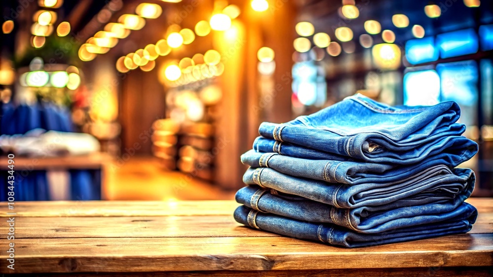 Aufkleber cozy retail display of a stack of folded denim jeans on a rustic wooden table with a warm bokeh effe