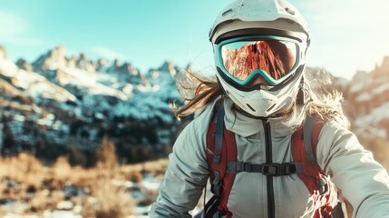 A bold adventurer, clad in protective gear and a reflective visor, sets out to explore the breathtaking snowy mountain terrain beneath a clear blue sky, exuding determination.