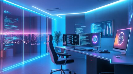 Fototapeta premium Futuristic Tech Office with Glowing Screens