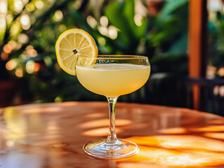 Isolated close-up of a refreshing citrus cocktail with lime and lemon slices in a martini glass on a white background