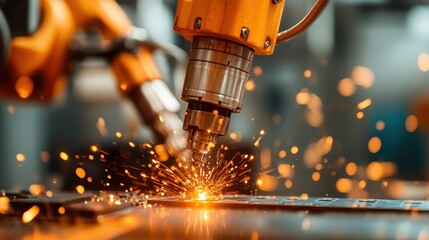 Industrial robots engaged in precision welding with vivid sparks, representing modern technological advancement and the power of automation in manufacturing processes.