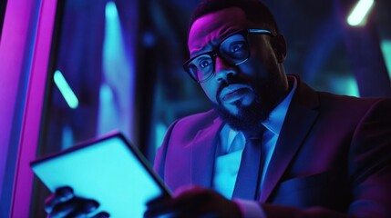 Businessman working on digital tablet late in office at night, happy and inspired by career goal. Motivation, management and vision by black entrepreneur excited by innovation and new company