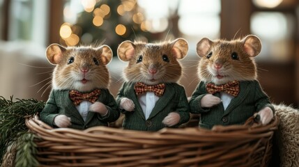 Three charming mice dressed in green suits with bow ties, sitting in a wicker basket, with a festive background suggesting a cozy, warm atmosphere.