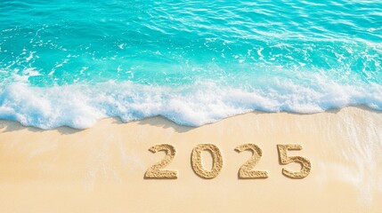 Obraz premium 2025 Written in Sand as Waves Gently Wash Ashore. 