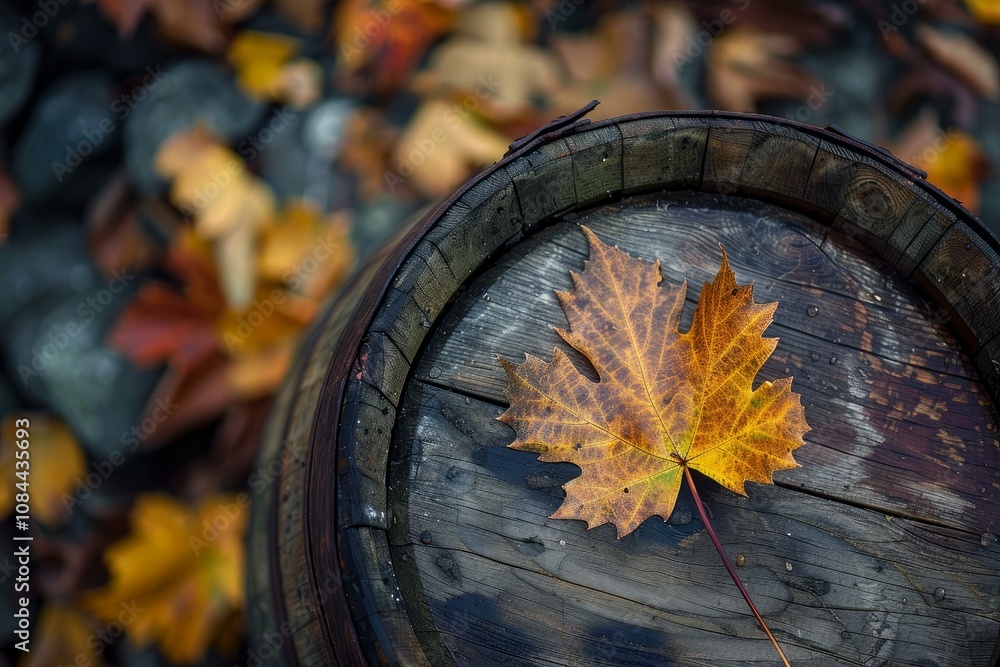 Aufkleber single maple leaf with fall colors is resting on a rustic wine barrel in autumn