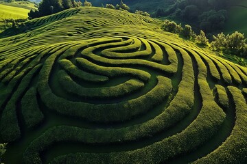 Naklejka premium A winding path through a lush green field. The path is surrounded by trees and bushes, and the grass is tall and green. The scene is peaceful and serene