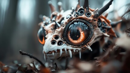 A creature with striking, spiky eyes rests in an eerie woodland, possessing a futuristic appearance that evokes a sense of wonder and fiction from a fantastical realm.