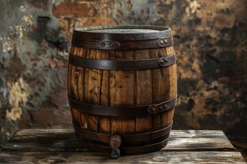 Fototapeta premium Old wooden barrel with iron rings is standing on a table in a cellar