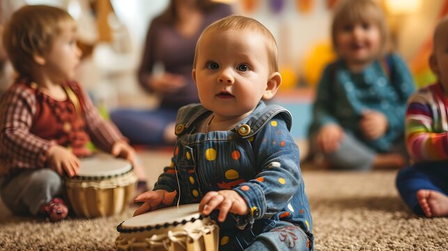 Playful music class for babies with little ones discovering instruments