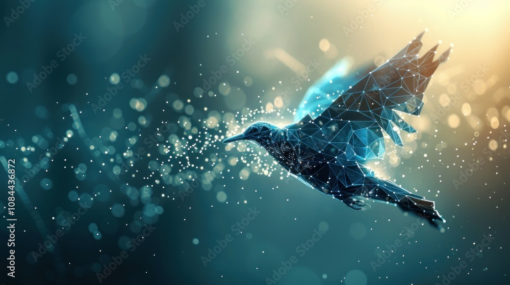 Poster a low poly bird with wings spread, flying through a field of bokeh light.