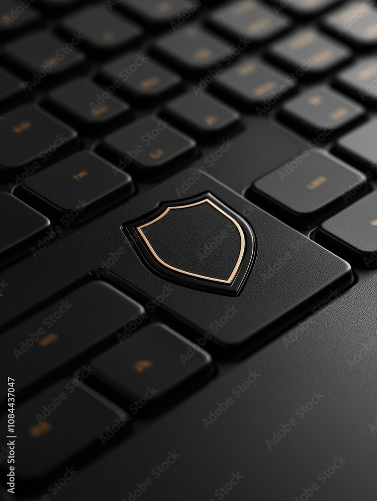 Poster the black keyboard displays a prominent shield icon, highlighting the importance of cybersecurity in