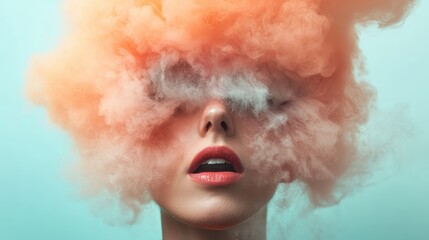 A striking image of a woman's face partially obscured by a vibrant cloud of orange and white smoke, visually exploring the contrast between visibility and mystery.