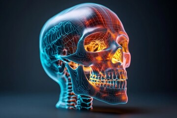 3D-rendered illustration of a human skull in X-ray style, showing detailed bone structure with vibrant color mapping