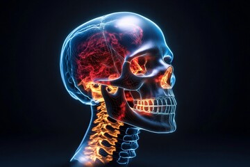 3D-rendered illustration of a human skull in X-ray style, showing detailed bone structure with vibrant color mapping