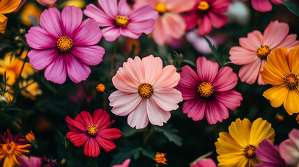 Fototapeta premium Colorful blooming cosmos flowers in a garden during sunny spring afternoon