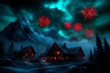 Fototapeta premium A cozy mountain village with red and teal fireworks against a foggy olive green and dark blue sky