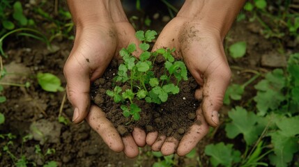 Hands Holding Soil with Sprouting Plants
