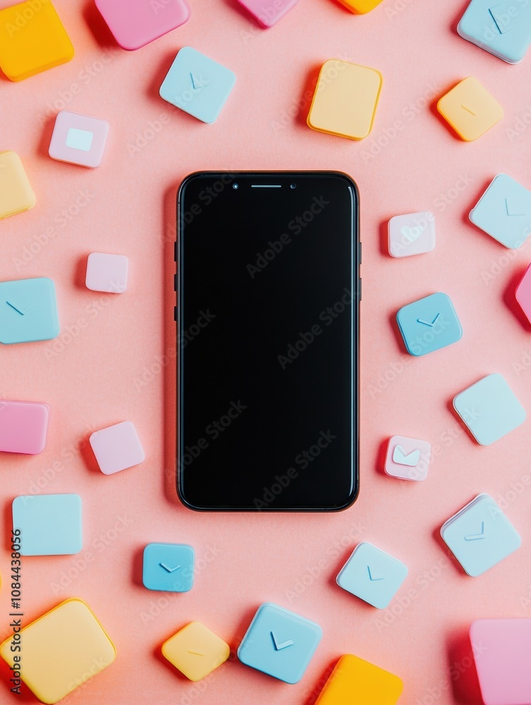 Poster a sleek smartphone rests on a soft pastel surface, surrounded by various vibrant icons representing 